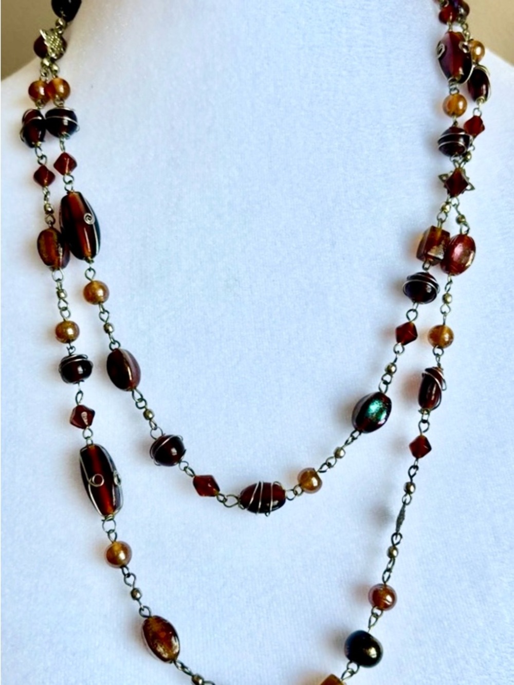 Long Brown Glass Bead Necklace 40" Vintage Style Layering